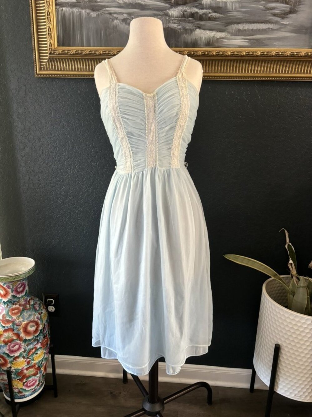 Vintage Nightgown Dress Baby Blue Lace Sweetheart Neckline Cottagecore Princess